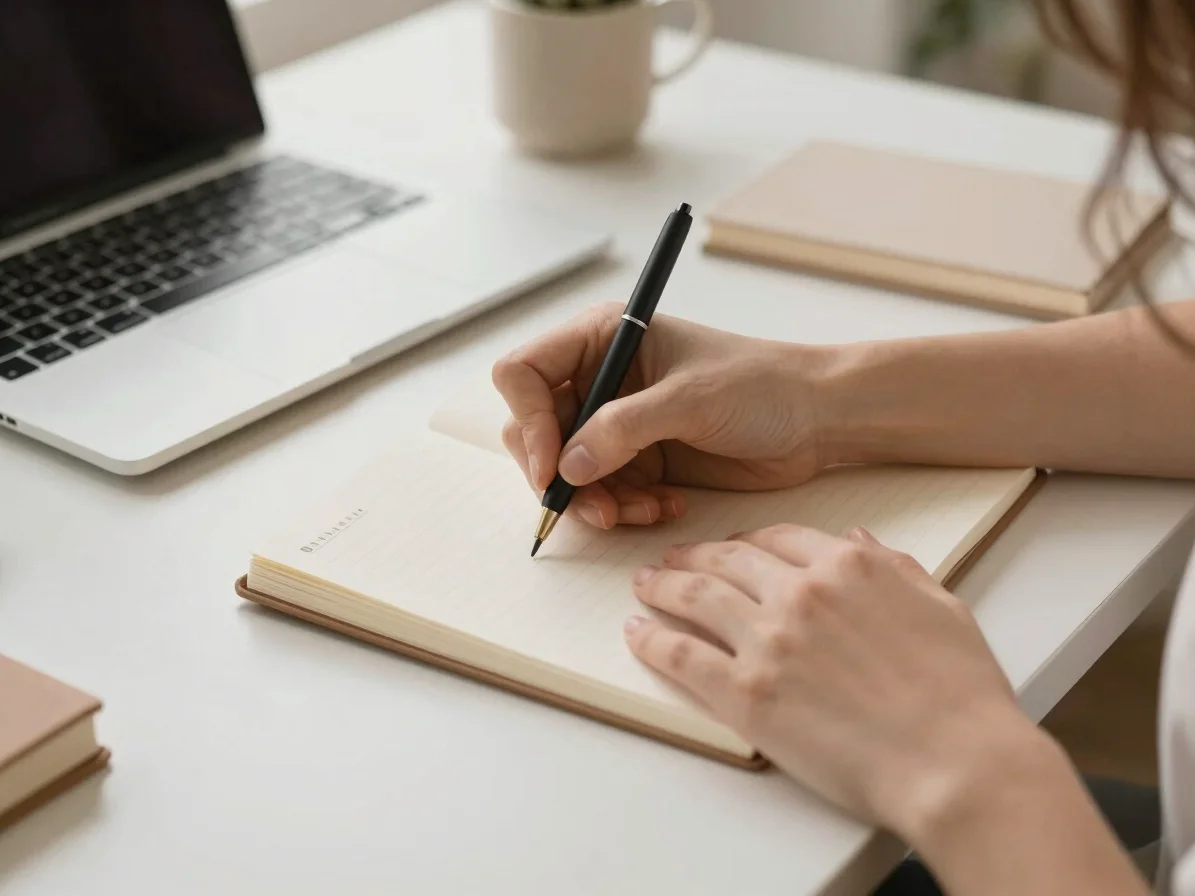 Hands writing in a journal on a clean serene workspace with a lap