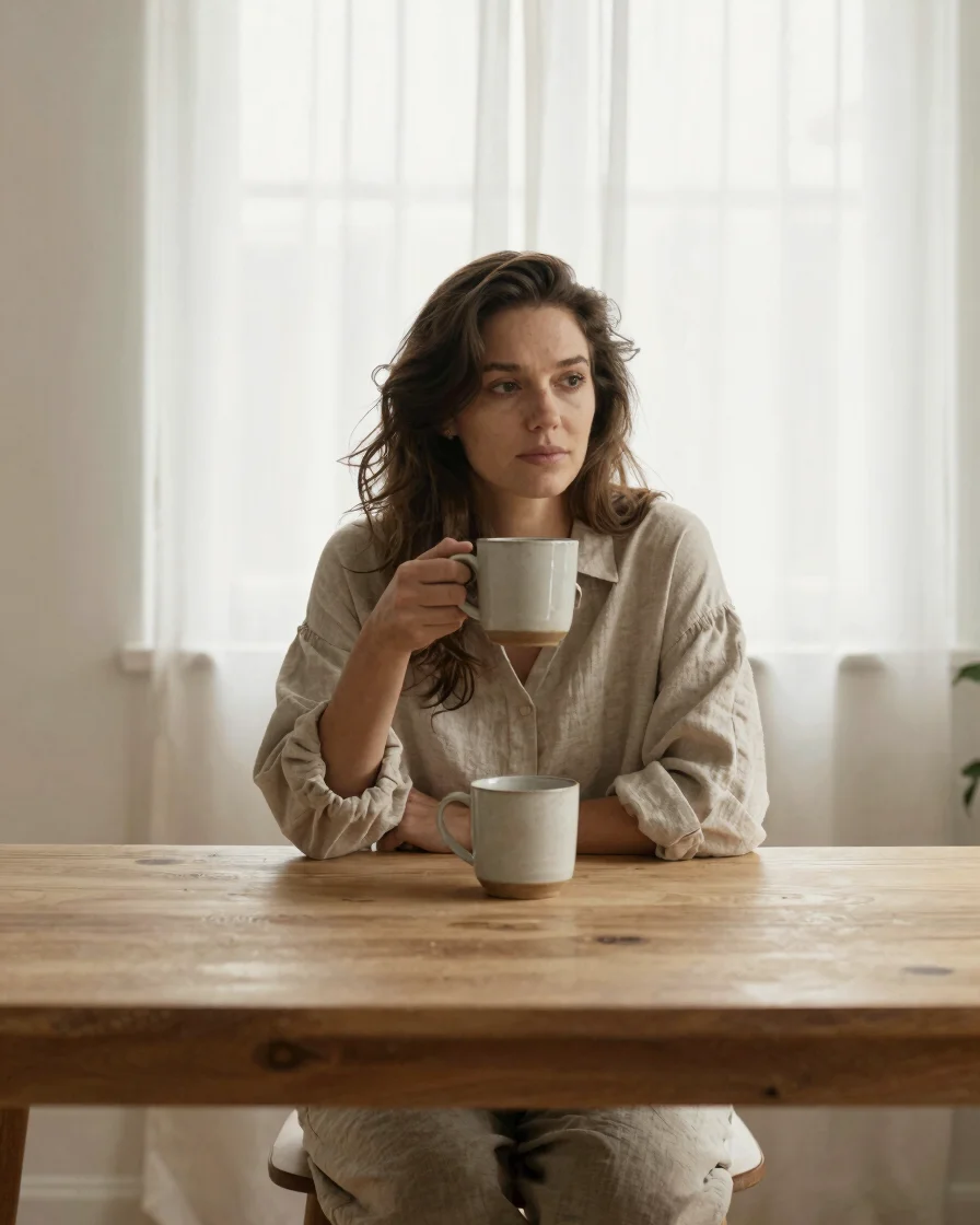 Warm editorial portrait of a thoughtful woman seated at a minimal